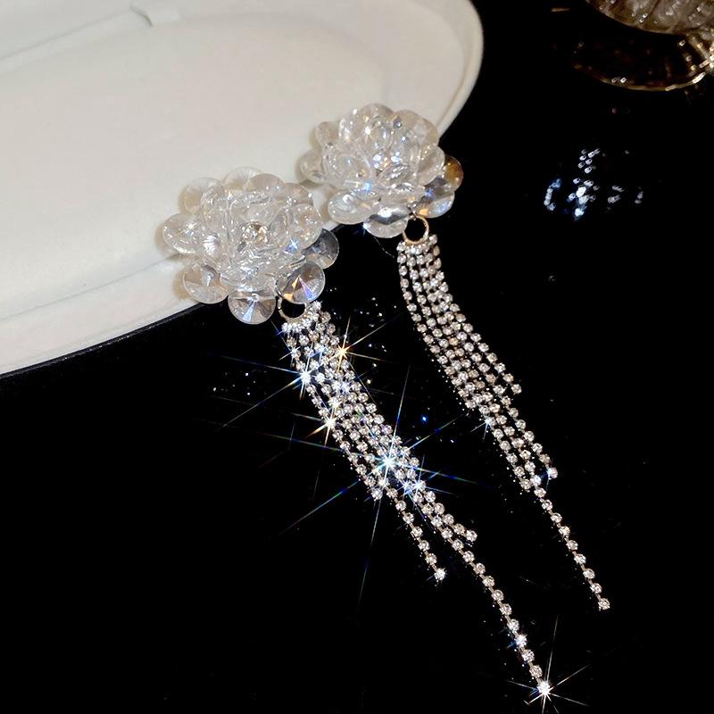 

Elegant Crystal Flower Petal Rhinestone Tassel Earrings for Women