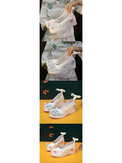 Women's Embroidered Hanfu Shoes - Ancient Style Beaded Floral Shoes with Bow, Upturned Toe, Inner Height Lift, Perfect for Spring and Autumn.