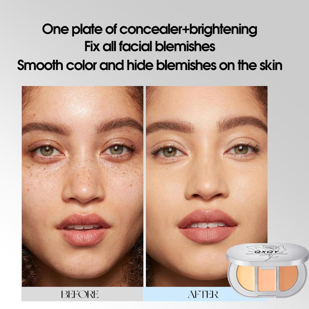 QXQY Natural Fit Tri-Color Concealer Stereoscopic Concealer Dark Circles Brighten Tear Troughs Salmon Color