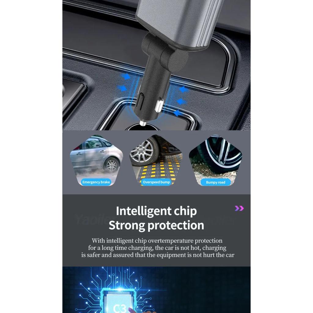 Upgraded 120W PD+USB Quick Charger with 2 Retractable Cable Fast Charging Car Phone Charge W/ Ambient Light 4 In 1 Power Adapter