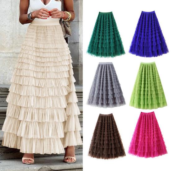 Saia Bolo Feminina Cintura Alta Elástica Linha A Barra com Babados Multicamadas Cor Sólida Saia Longa Trabalho Lazer Uso Diário