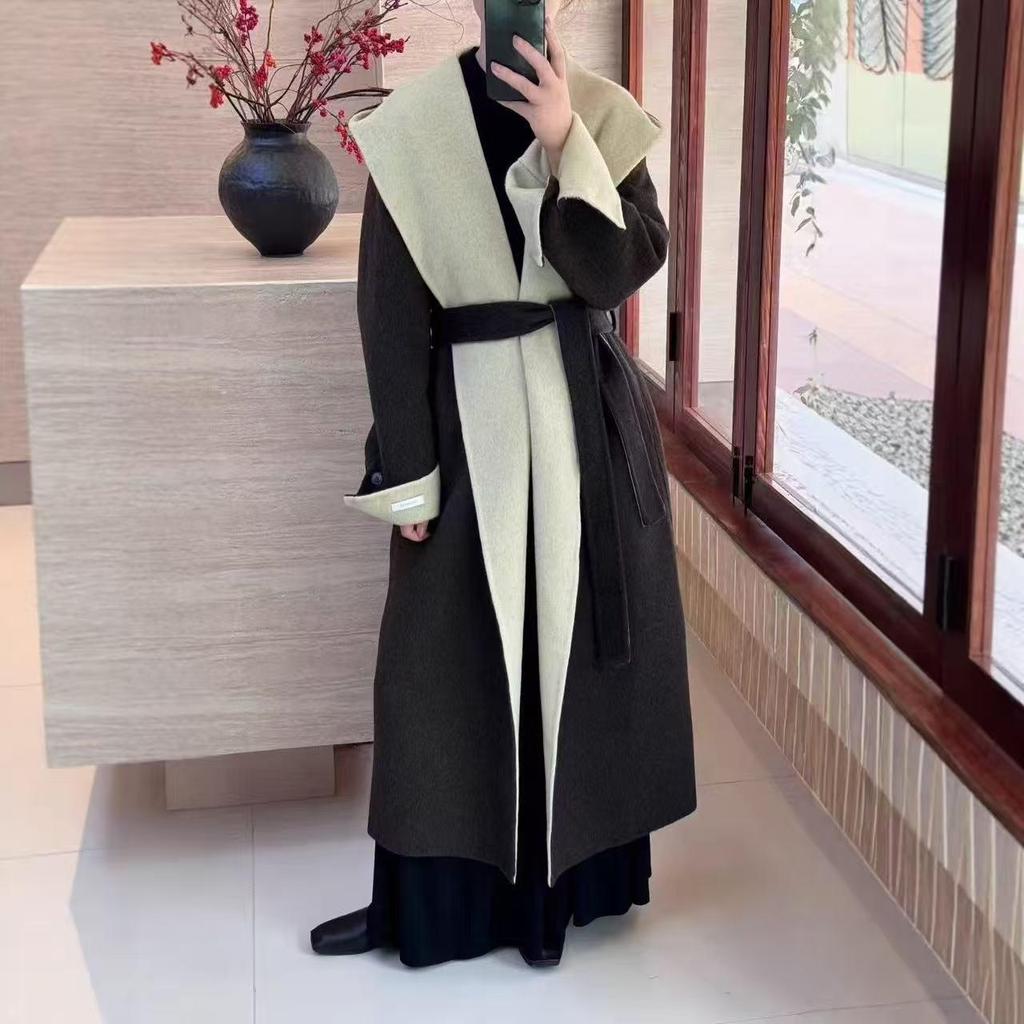 Extra langer Kapuzenmantel aus Wolle-Kaschmir für große Frauen - 2025 Herbst/Winter Koreanischer Stil