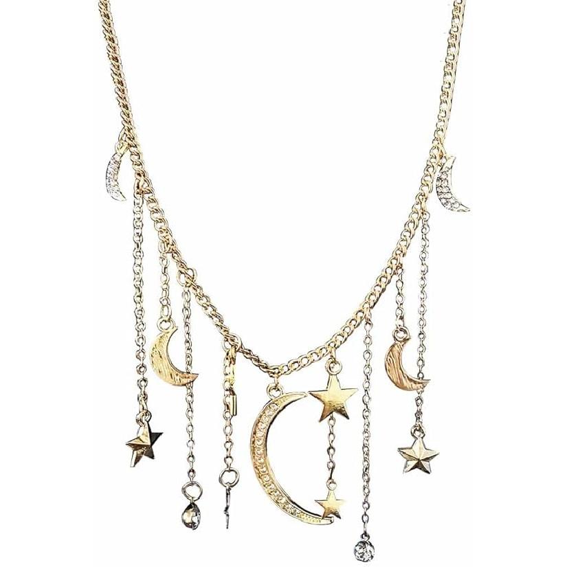 JczR.Y Moon and Star Necklace - Crystal Star Moon Tassel Rhinestone Crescent Pentagram Fringe Pendant for Women Party Statement Jewelry Accessories