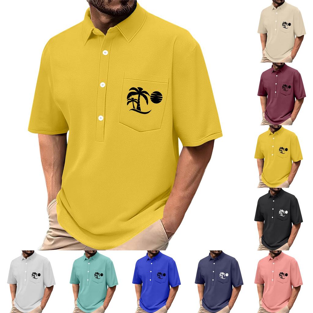 Men's Summer Solid Color Print Four-sided Stretch Lapel Button Pocket Shirt Casual Sports Short-sleeved Top