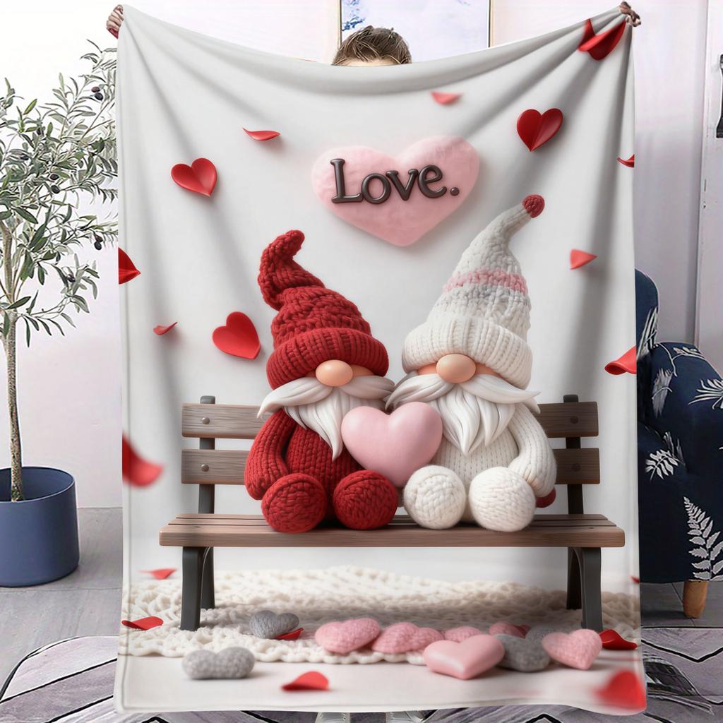 Cute Gnome Couple Flannel Blanket Heart Pattern Warm Throw Lightweight Cozy Cover for Living Room Christmas Valentine's Day Gift