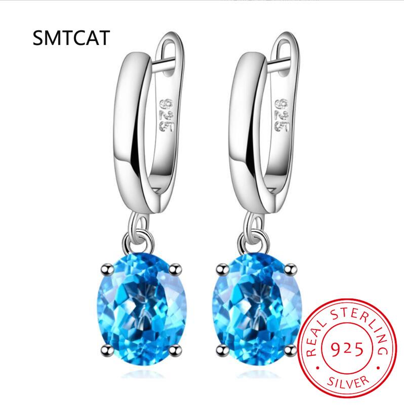 Square Genuine Blue Topaz Amethyst Citrine Garnet Created Sapphire Ruby Emerald 925 Silver Stud Earrings