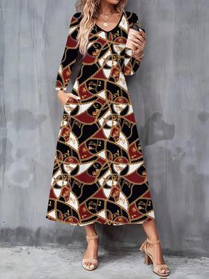 Vestido Casual de Moda para Mujer Nuevo Otoño e Invierno 2025 Otoño Estampado de Patrón Hermoso 3D Vestidos de Manga Larga con Cuello en V de Corte A