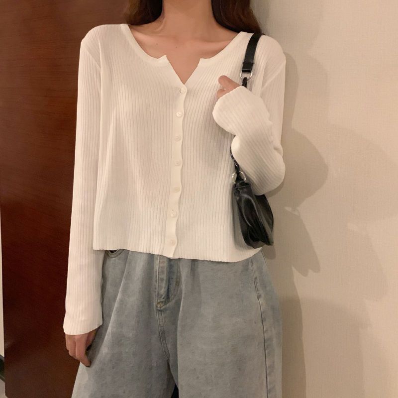 

Корейская версия повседневного тонкого вязаного кардигана, вязаная куртка, женский топ в ленивом стиле с v-образным вырезом и длинными рукавами L белый