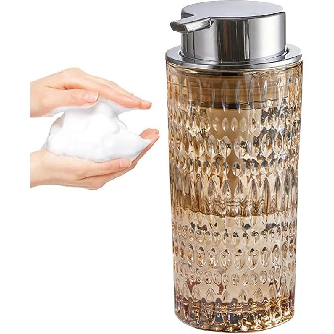 

Диспенсер для пенного мыла из стекла, Многоразовый диспенсер с пенным насосом и серебристым насосом. Диспенсер для пенного мыла для рук из прозрачного стекла 13 унций для ванной и кухни, Современный коричневый