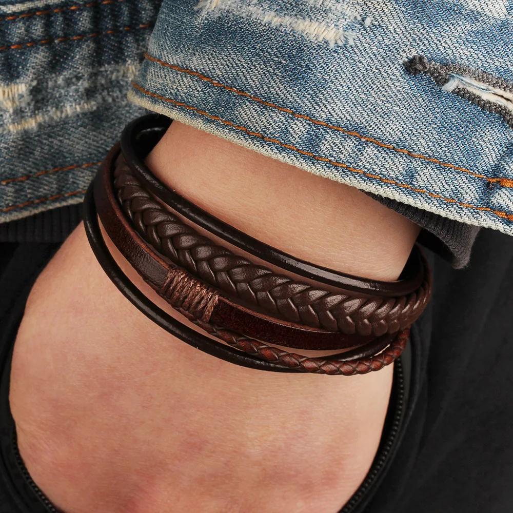 Charmsmic New Mens Magnetic Leather Bracelets Handmade Braided Multilayer Cord Ethnic Jewelry Accessories Male Armband Gifts