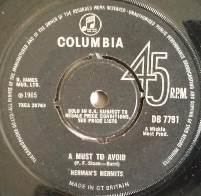 7inch Record HERMANS HERMITS  A Must To Avoid DB7791 COLUMBIA 1965 UK Rock Used