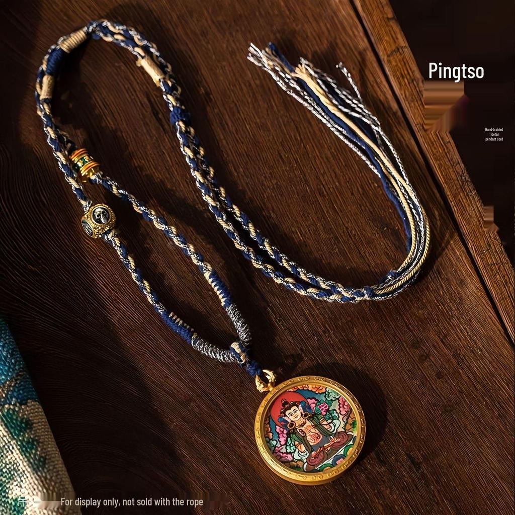 Tibetan Style Woven Thangka Pendant Necklace with Buddha Amulet and Six-Syllable Mantra.