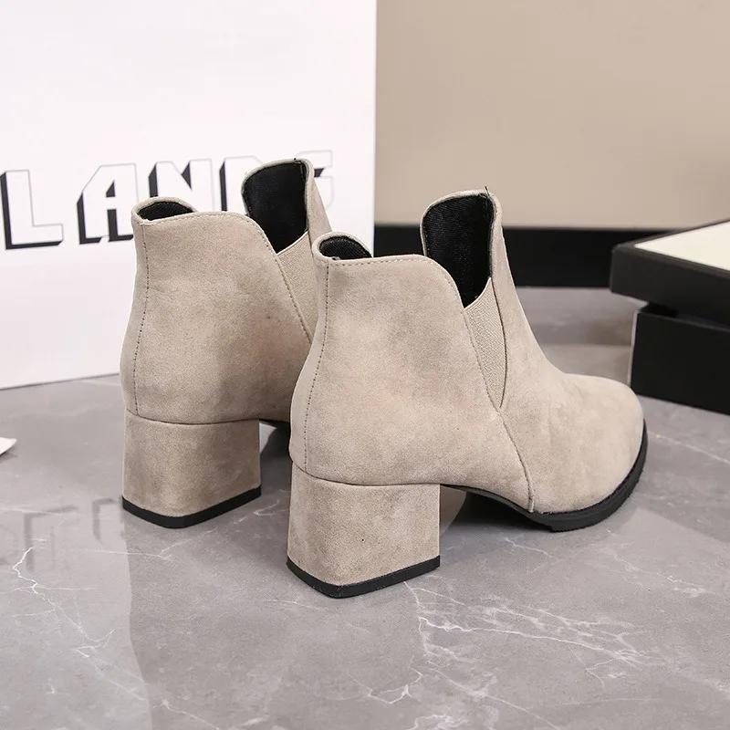 Designer Thick Heel Flock Ankle Boots for Women New Soft Soled Casual Women's High Heels Fashion Casual Chelsea Boots Female