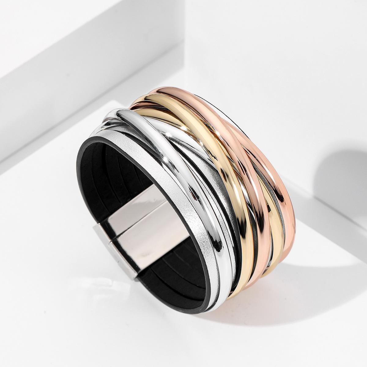 

Европейский и американский PU многослойный кожаный браслет с переплетенной тканой магнитной пряжкой для женщин ювелирный аксессуар серебряный