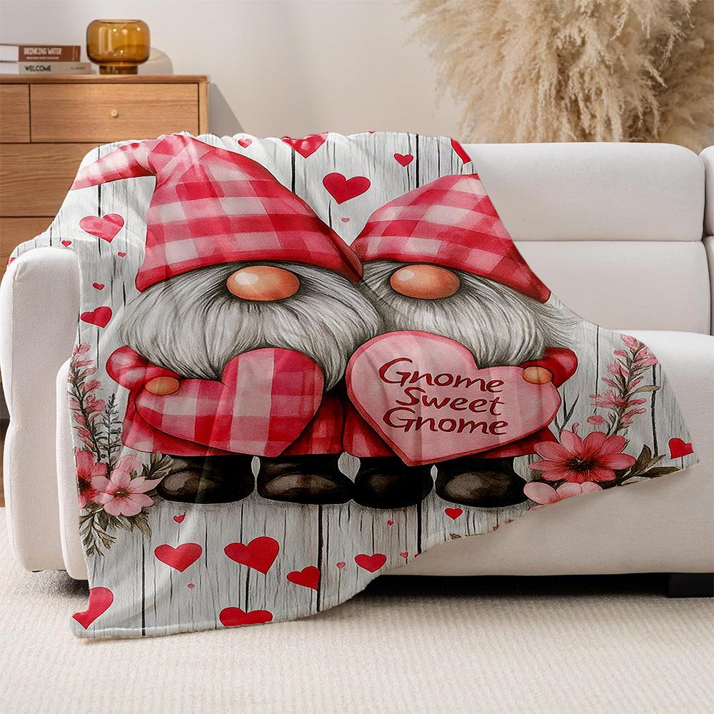 1pc Gnome Sweet Gnome Checkered Plaid Flannel Blanket - Heavyweight Quilted Bedspread with Swedish Gnome Couple & Hearts, Soft