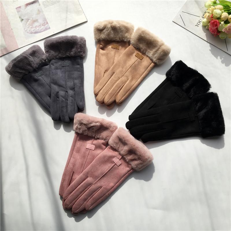Suede Women's Gloves Single Line Hairy Winter Warm Outdoor Fleece Student Split Finger Touch Screen Gloves