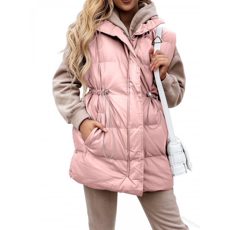 Womens Mid-Length Solid Color Drawstring Loose Cotton Vest With Zipper Pockets Outdoor Camping Hiking