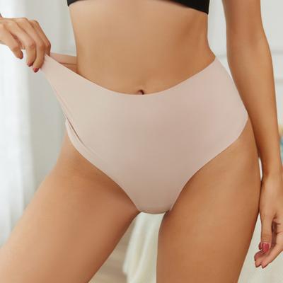 Women High Waisted Seamless Thongs Breathable Tummy Control Solid Color Panties Stretch Ladies Ice Silk Brief Underwear Underpants