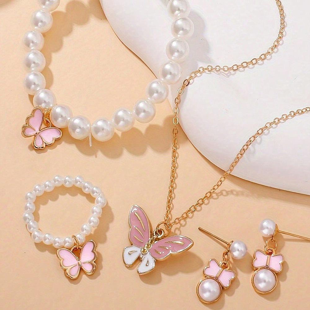 Children's Pearl Alloy Butterfly Necklace & Earring Set - 4-Piece Princess Accessory