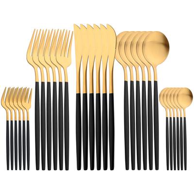 Set di posate dorate con manico nero da 30 pezzi, set di stoviglie con finitura opaca, coltello, forchetta, cucchiaio, utensili da cucina in acciaio inossidabile, completo