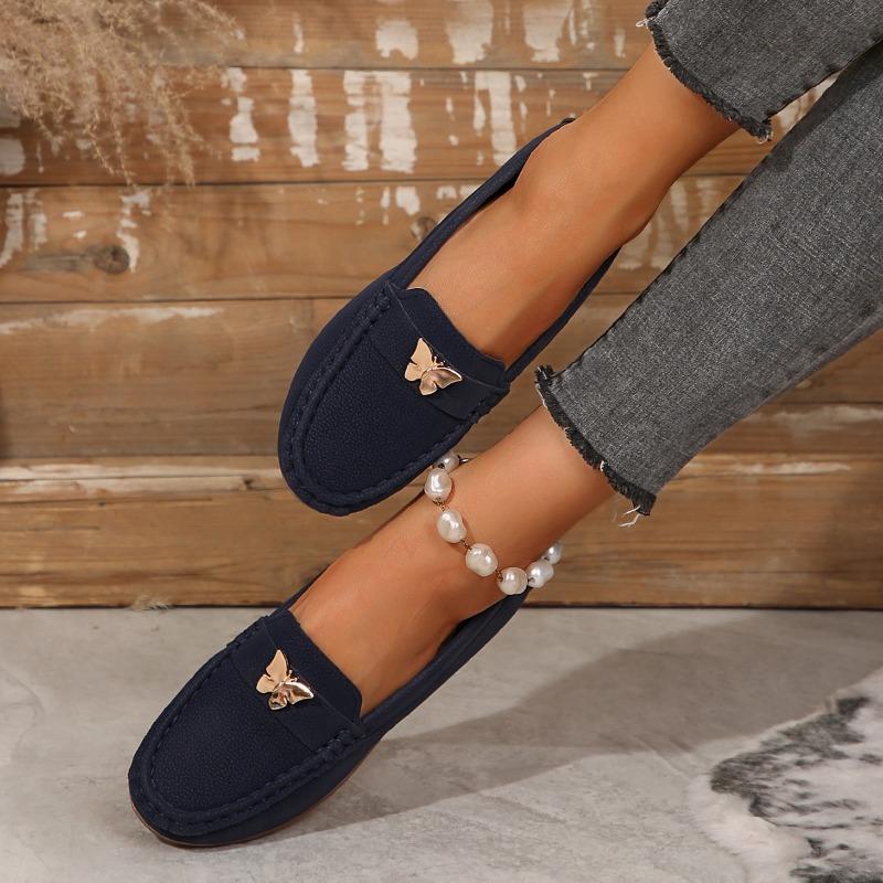 Módní podzimní nazouvací mokasíny pro ženy s kulatou špičkou, dámské baleríny s kovovou mašlí, měkkou podrážkou a ploché boty pro ženy, ležérní jednobarevné tenisky Zapatos Mujer