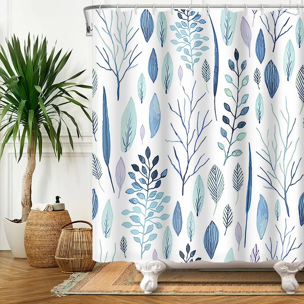 Watercolor Green Leaf Shower Curtain for Bathroom Vines Plant Nordic Minimalist Polyester Botanic Curtain for Home Hotel 180x240
