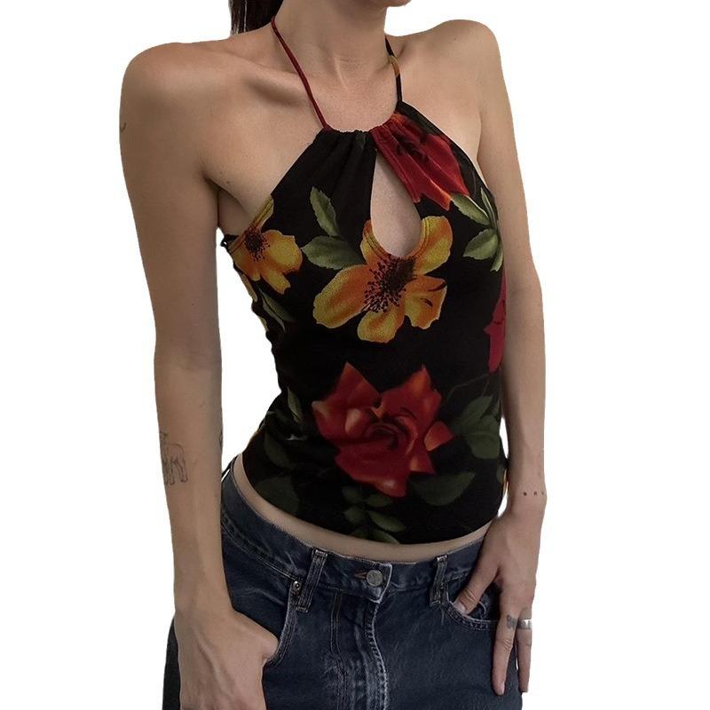 Personalized ethnic style fashion flower print slim fit neck sling vest Spice girl sexy backless hollow top