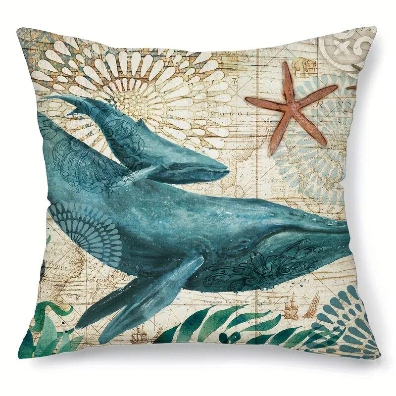 

1 шт. Квадратные односторонние наволочки Cove, морской конек, кит, морская звезда, черепаха, синий океан, квадратная наволочка, льняной материал 45X45cm
