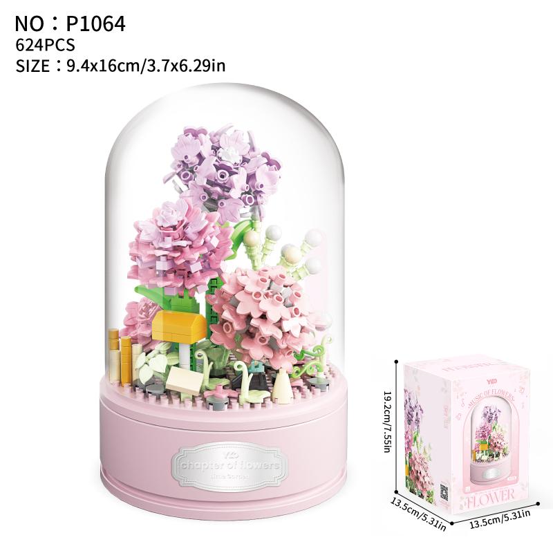 Flower Spinning Music Box Blue Sunflower Pink Creative Office Decoration Building Block DIY Toy Gift