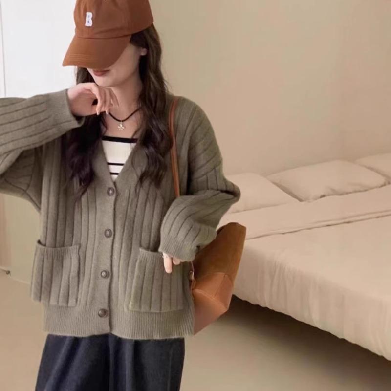 Vintage twist knitted cardigan women's autumn and winter casual lazy style loose versatile pocket sweater knitted jacket