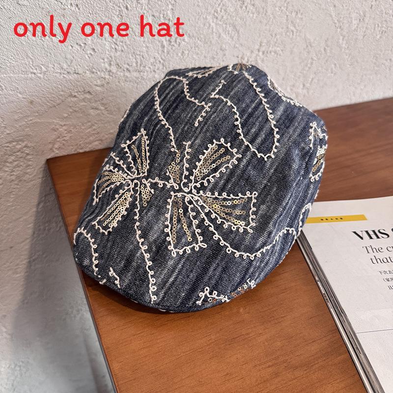 

Embroidered Flower Denim Beret With Sun Protection For Spring Summer Fashion Accessories темно-синього кольору