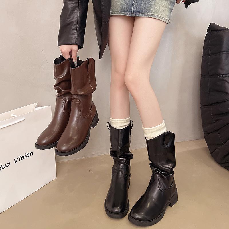 Versatile New Martin Retro Western Boots Women's New Autumn Folds Pile Medium Tube Knight Temperament Boots