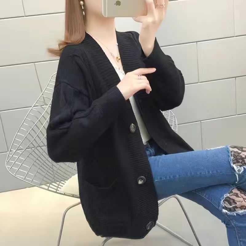 

Осень-зима Женская мода V-образный воротник вязаный свитер женский свободный кардиган джемпер дамы 5 цветов большой карман вязаный жакет женский пальто 3XL чёрный