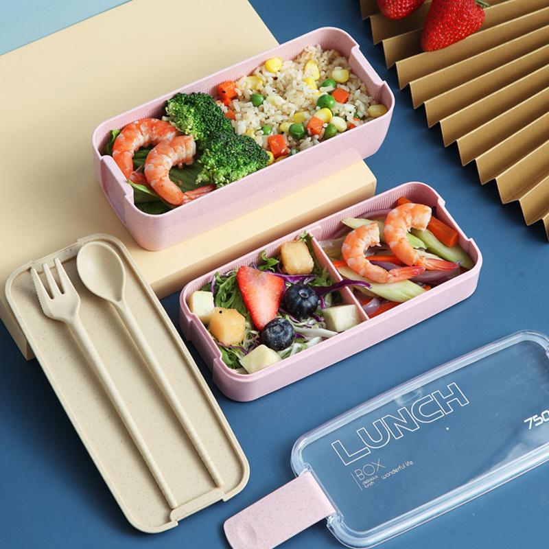 Double-Layer Wheat Straw Lunch Box With Fork And Spoon Microwave Safe Portable Lunch Box For Office Workers And Students