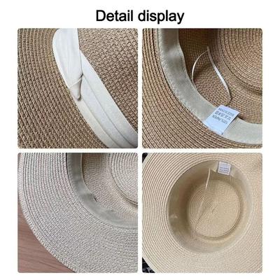Casual Wide Brim Boater Straw Hat Square Ribbon UV Protection Sun Hats Beach Hats