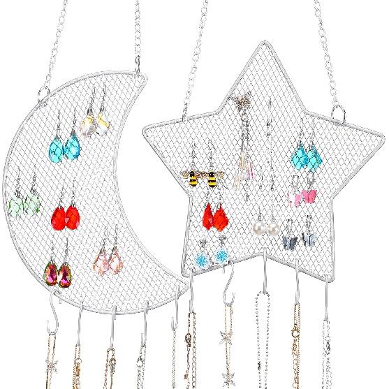 Jetec 2 Pcs Earring Wall Holder Wall Mounted Organizer Hanging Stand Decorative Diamond Grid Shape Jewelry Display Rack with Hanging Hooks for