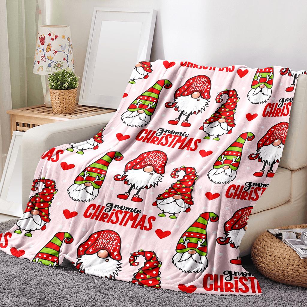 Christmas Gnome Pink Fleece Blankets Cartoon Cute Soft Flannel Cozy Blanket for Adults,Washable Lightweight Fuzzy Blanket Gift
