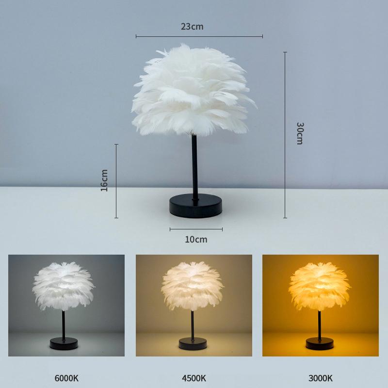 Ins Romantic Feather Table Lamp, Dimmable Bedside Night Light for Bedroom Decor