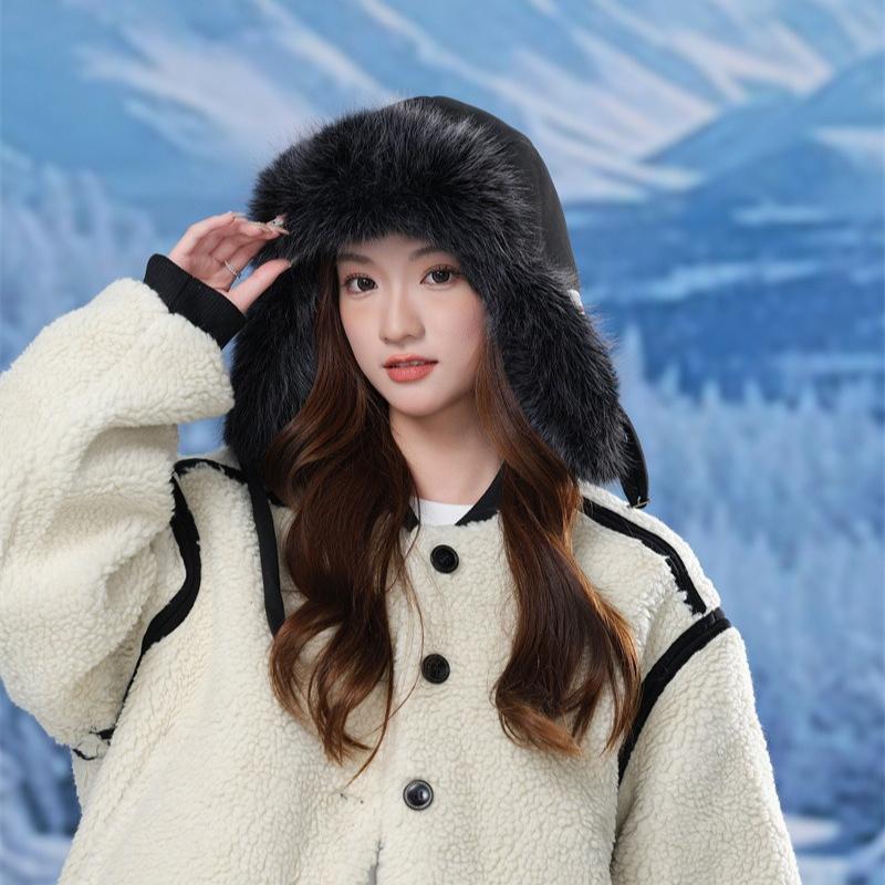 Thickened Wind and Cold Lightning Front Hat Winter Women's Outdoor Fleece Ear Protection Hat Plush Ski Hat