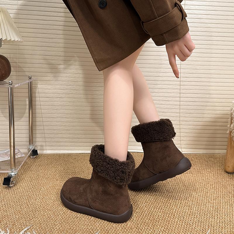 Women's Thick-soled Hairy Mouth Winter Lightweight Warm Anti-cold Padded Snow Boots Non-slip Wear Casual Sneakers Mid-calf Cotton Boots