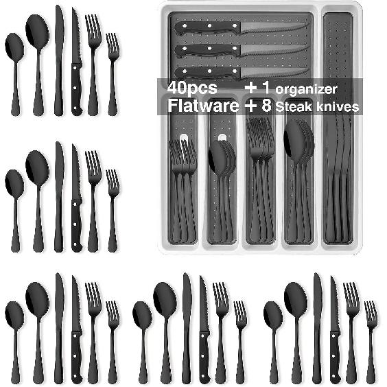 

Набор черных столовых приборов из 49 предметов с органайзером, набор столовых приборов из нержавеющей стали с ножами для стейка на 8 персон, набор столовых приборов AIKKIL для домашнего ресторана,