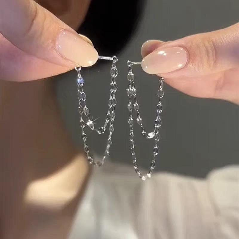 2025 Double Layer S925 Silver Lip Chain Tassel Earrings: Versatile, Luxurious, Women s Studs 925 Silver платиновый