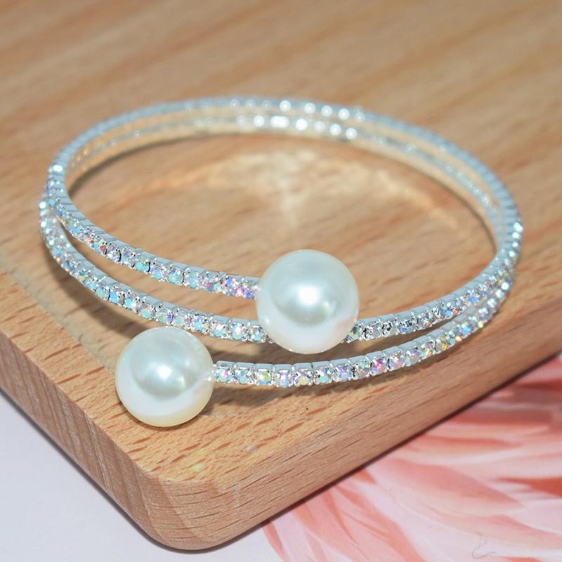 

Модные Открытые Браслеты-Браслеты с 2 Рядами Имитации Жемчуга и Стразами для Женщин, Свадебные Украшения, Вечерние Аксессуары C