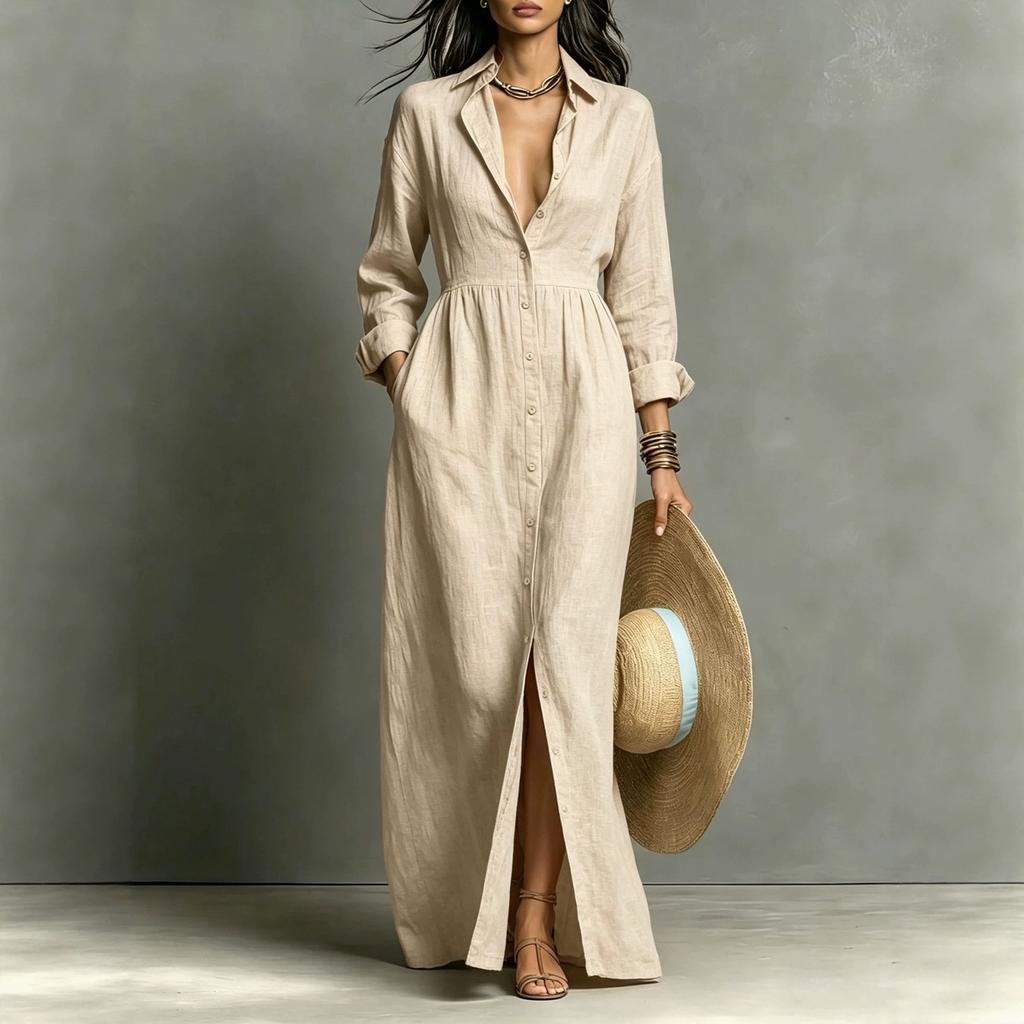 Europe, America, autumn and winter new casual style long dress fashion bag solid color button long sleeve lapel dress