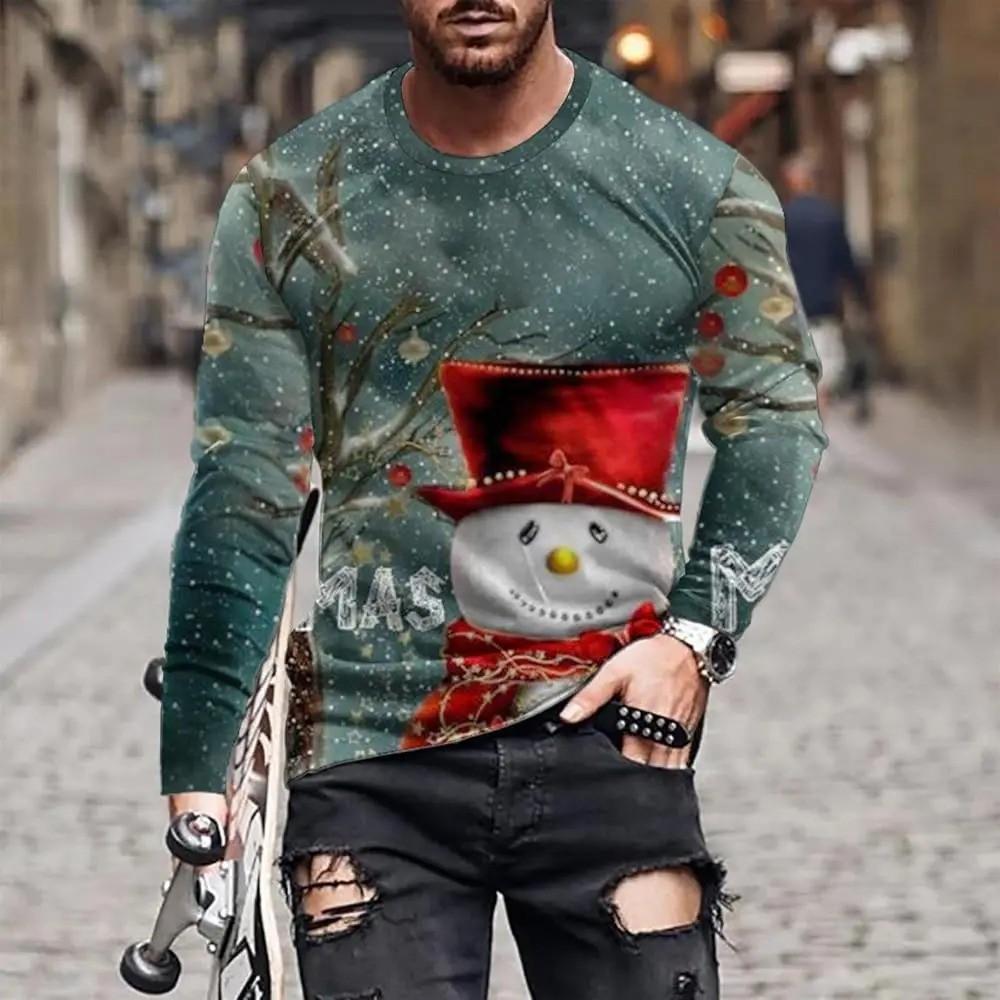 Fashionable Design Men's Long Sleeved T-shirt 3D Printed Christmas Pattern Casual Men's Street Minimalist Harajuku Round Neck
