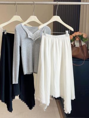 Spring 2026 Women's Retro Lace Hem A-line Skirt - High Waist, Irregular, Slimming Design