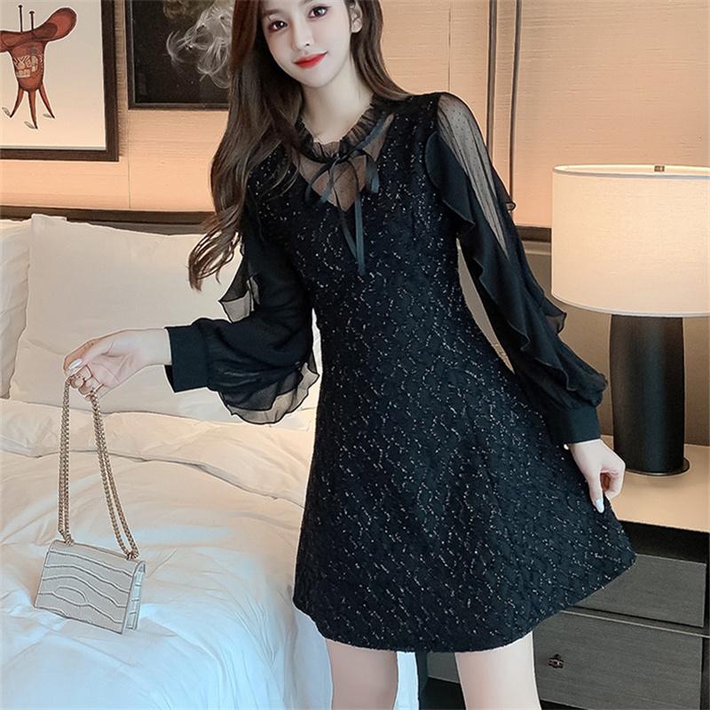 Long Sleeve Dresses Women Black Lace Patchwork Casual Office Ladies Elegant Slim Party Spring Vestidoes Chic Mid-Calf Vintage