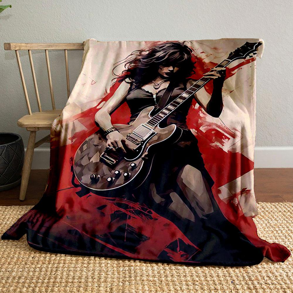 Dynamic woman with guitar amidst bold red and beige abstract strokes. for all seasons blanket lunch break throw gift