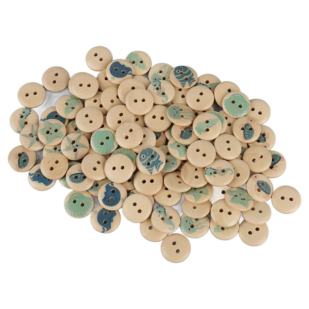 100pcs Mixed Printing Wooden Buttons 2 Holes Round Decorative Wooden Buttons for Sewing Craft