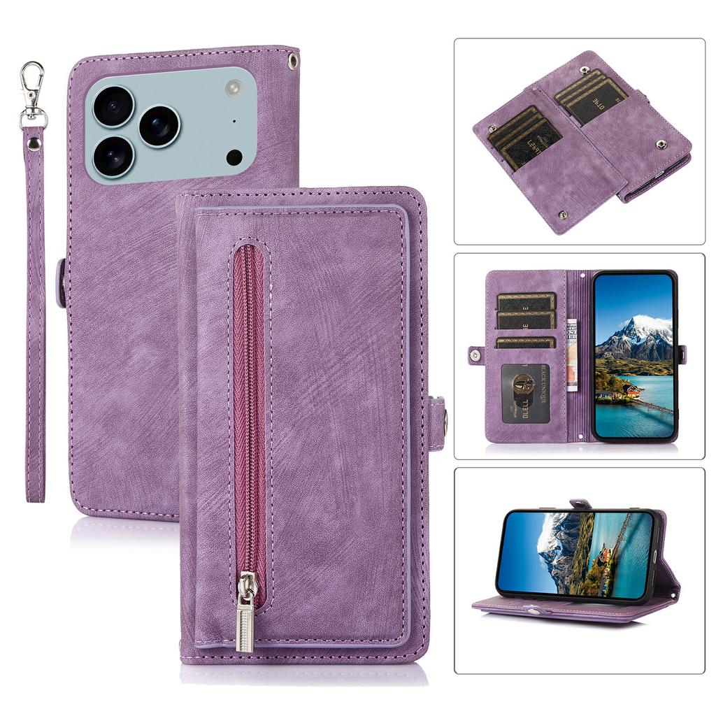 For iPhone 17 Pro Case Zipper Pocket 9 Card Slots PU Leather Phone Cover with Wrist Strap